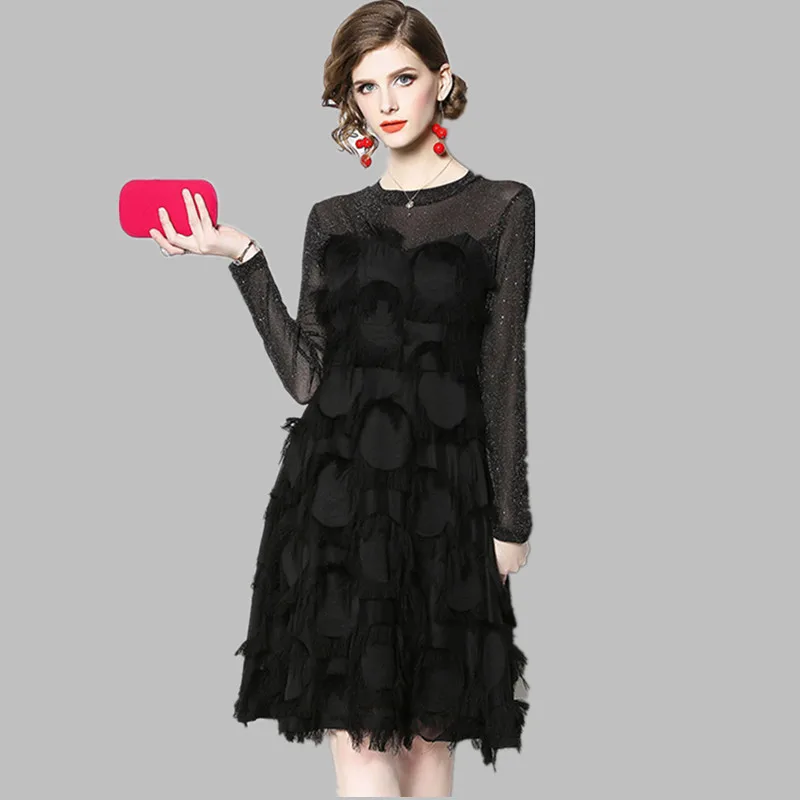

HAMALIEL Spring Black Mesh Pathcwork Feathers Dress New 2019 Runway Women Tassel Long Sleeve Party Dress Casual O Neck Vestidos