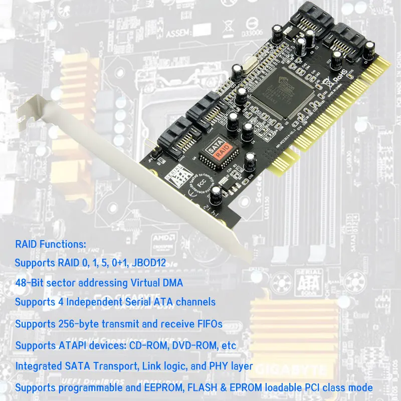 Tarjeta de expansión PCI 4 puertos SATA añadir en la tarjeta con Chipset Sil 3114 compatible con la revisión de especificaciones PCI 2,2 para escritorio/ordenador