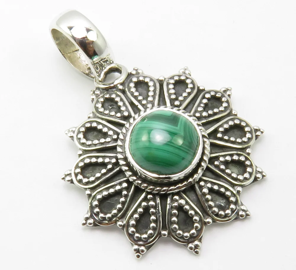 

India Unique Designed Pure Silver Malachite Pendant 1.4" 5.3 Grams Gems Jewelry