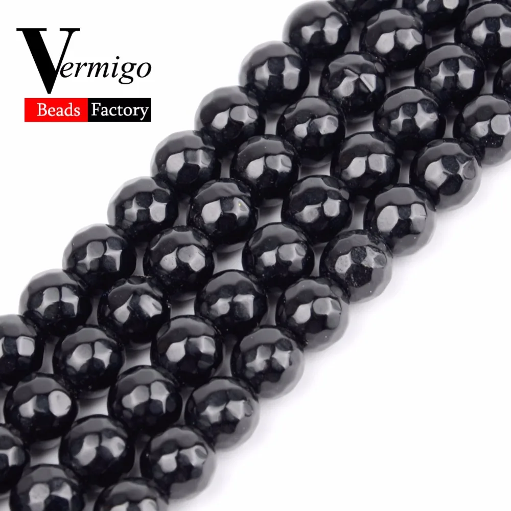 Natural Stones For Jewelry Making Faceted Black Agates Spacer Loose Beads 4 6 8 10 12mm Diy Bracelet Necklace Pearl 15"Strand