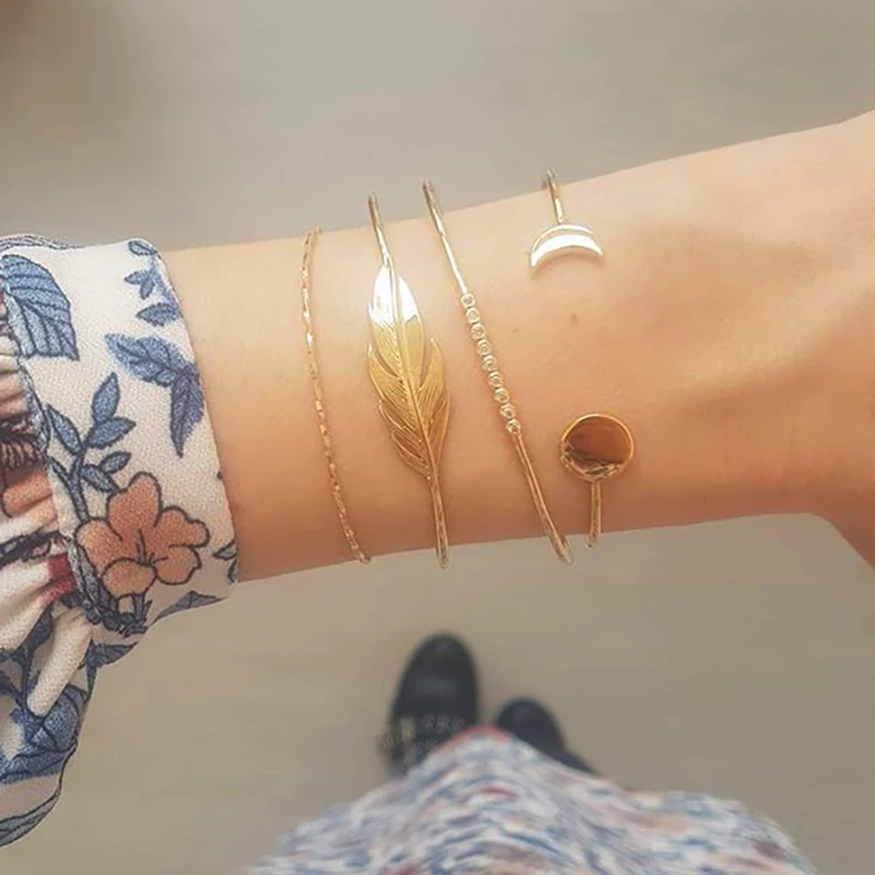 

Classic Arrow Knot Moon Star Round Crystal Bracelets Bangles Women Punk Twisted Open Bangle Fashion Gold Geometric Bracelet Set
