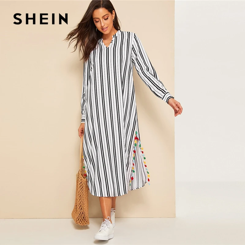 SHEIN Платье-туника в полоску с v-образным вырезом и кисточками сбоку, женское платье с длинным рукавом на весну и осень, черно-белое платье с v-образным вырезом