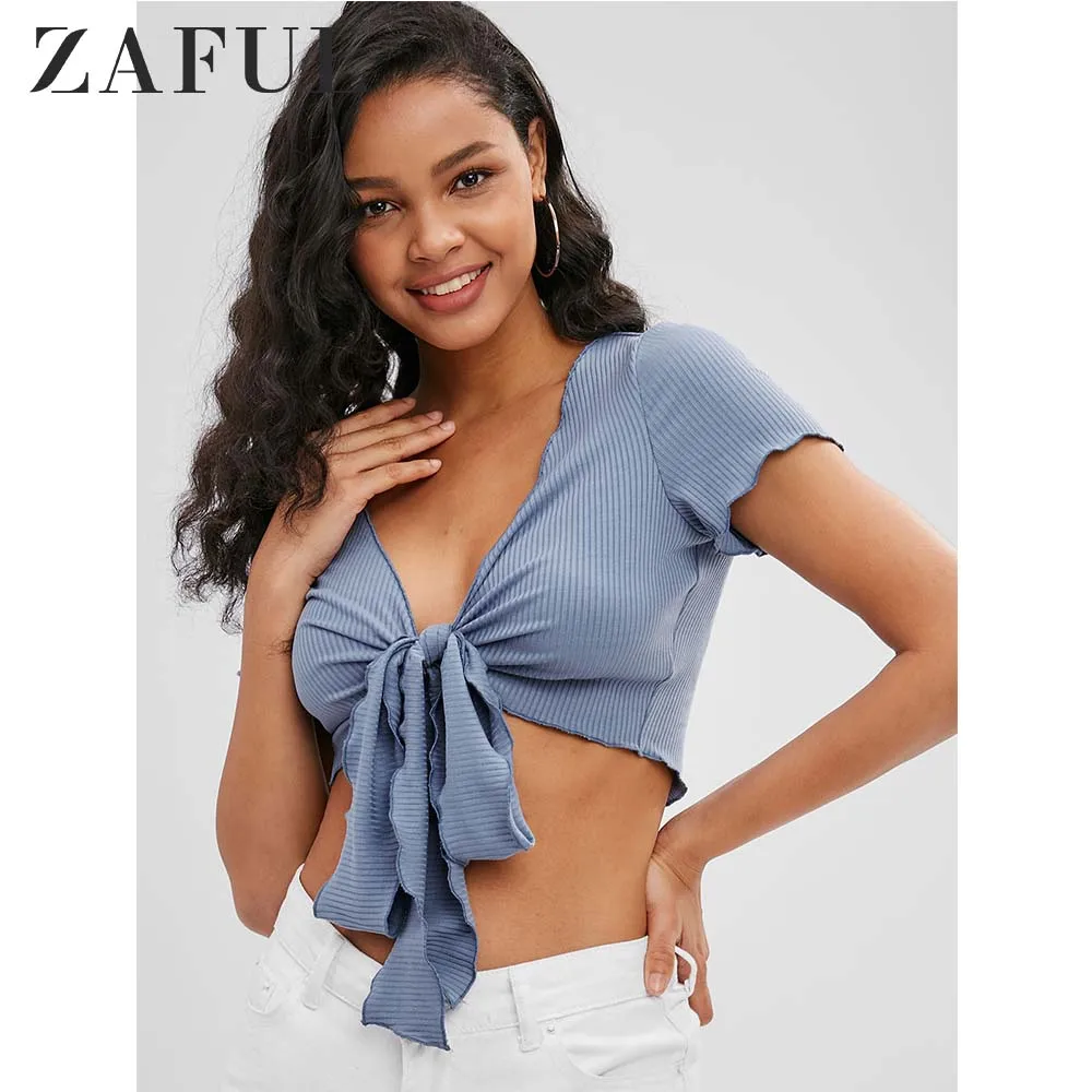 ZAFUL Трикотаж Топ Урожай Лето Повседневная V Шеи С Коротким Рукавом Твердые