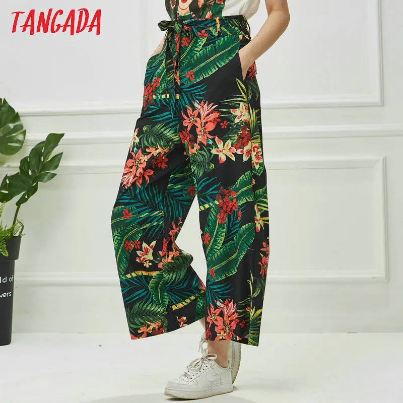 

Tangada Women Floral Print Green Trousers High Waist Sashes Zippers Fashion Female Summer Wide Leg Pants Cozy Pants XD62