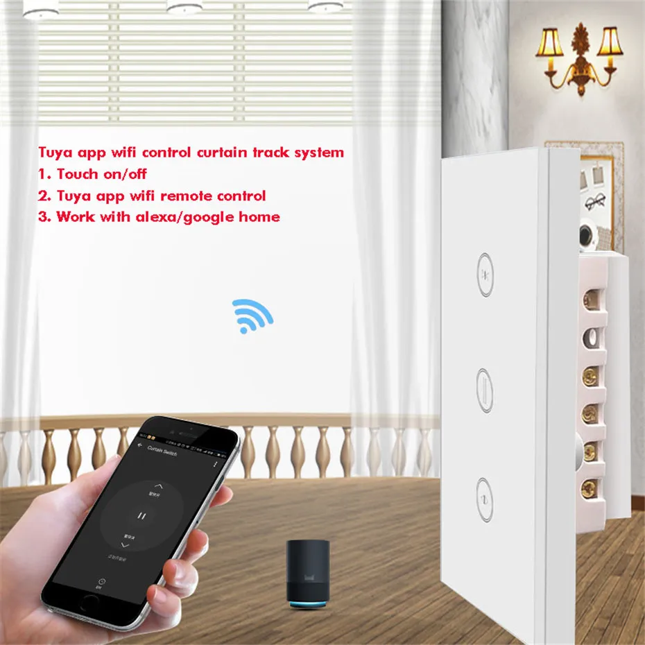 Tuya App Automatic Curtain Rails,Touch/wifi Control,DT52S 75W Motor+3.5M or Less Track+US wifi Curtain Switch,Google Home/Alexa