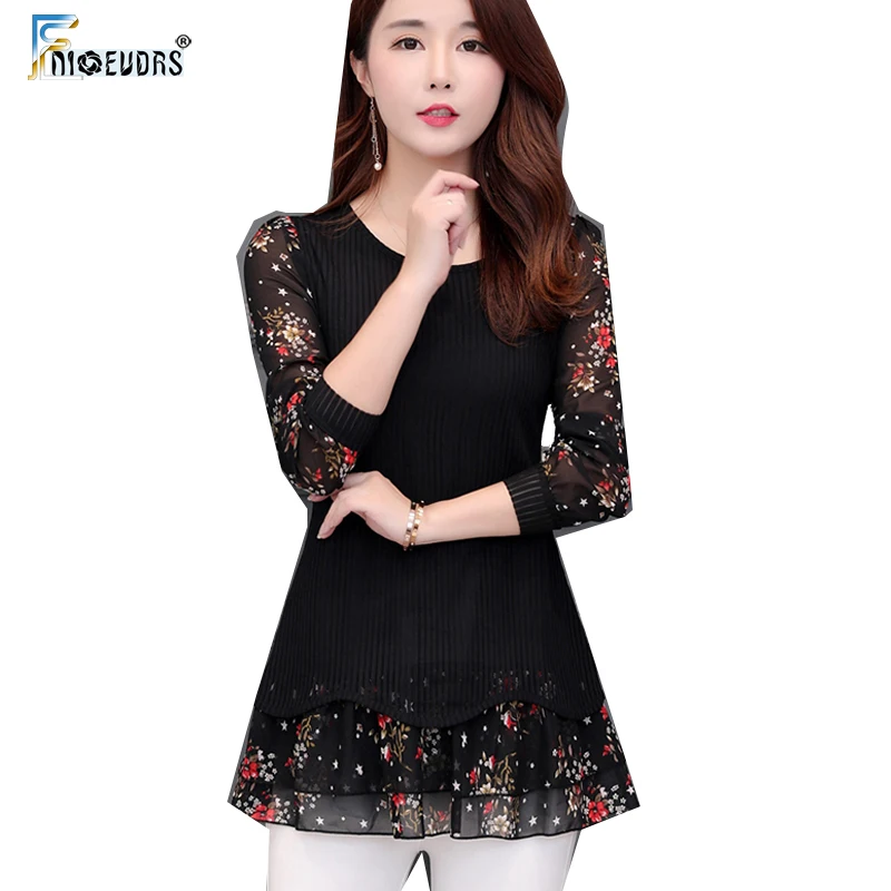 

Patchwork Faux Two Piece Tunic Top Women Fashion Floral Print Vintage Temperament Lady Belly Long Basic Shirt Blouse 5XL 4XL 3XL