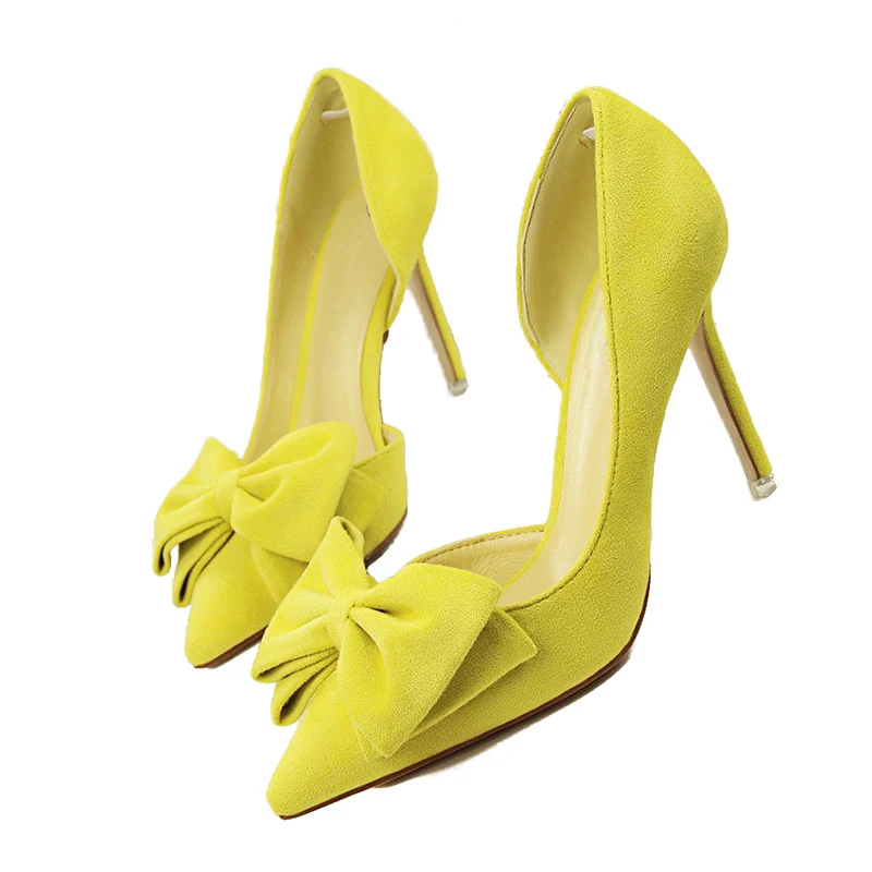 Plardin/женские модные вечерние и свадебные туфли с острым носком и милым бантом; женские туфли на высоком каблуке с бантом-бабочкой - Цвет: Yellow