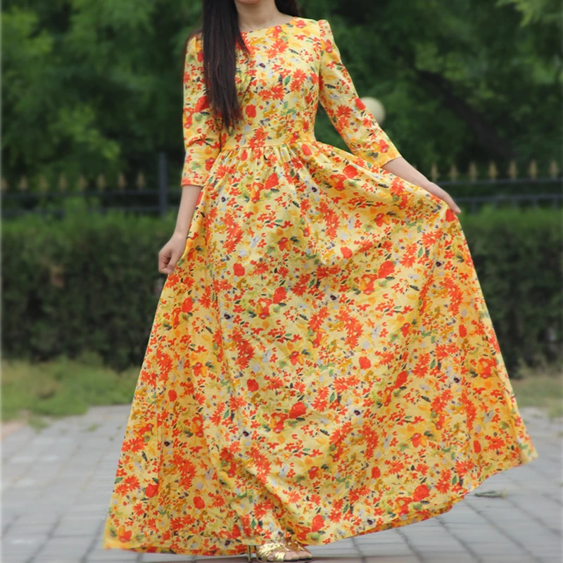 Wholesale 2017 women beach print dress cotton maxi dresses 3/4 sleeve o-neck sexy casual party dress Buy Cheap 2017 women beach print dress cotton maxi dresses 3/4 sleeve o-neck sexy casual party dress