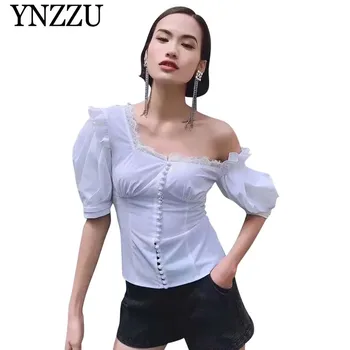 

YNZZU 2019 Summer white single breasted lace patchwork blouse Short sleeve off shoulder ruffles women shirts Sexy tops Yt599