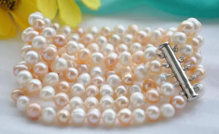 

1758 5strands round pink white freshwater pearl bracelet