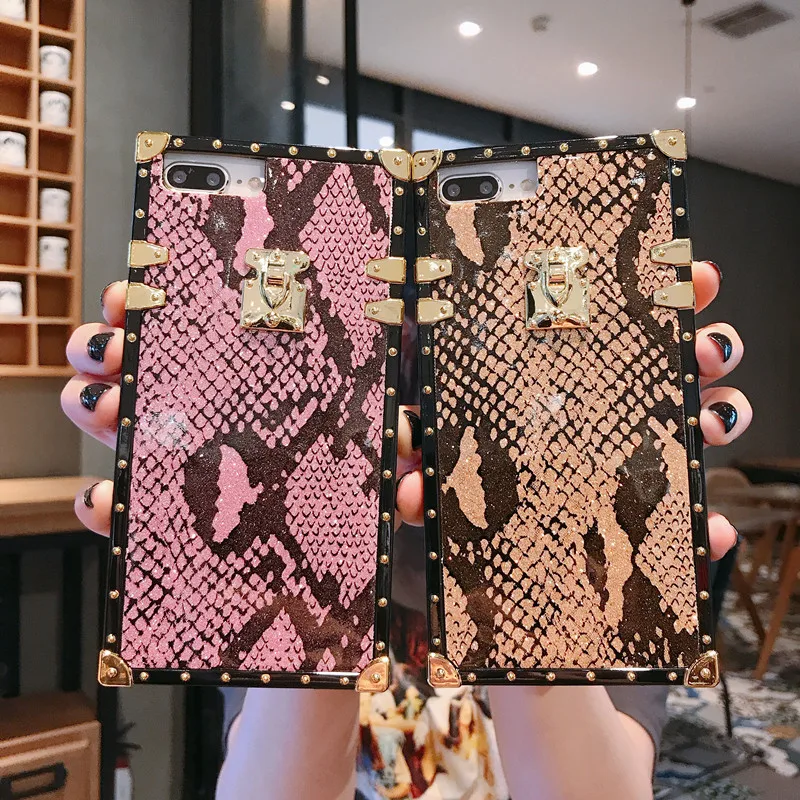

Vintage Snake Skin Brand Square phone Case For iPhone X XR XS Max Luxury PU Leather Phone Cover For iPhone 7 8 6 6S Plus Capa