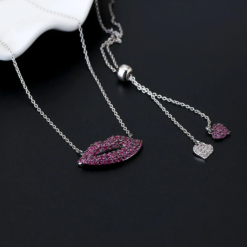 

Sexy Lips Shape Luxury Cubic Zircon Red Silver Necklace for Women XIUMEIYIZU Brand New Jewelry Gift Adjustable Necklace