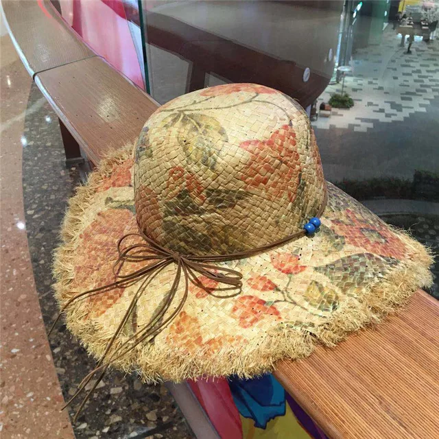Leather Rope and Bead Womens Reversible Straw Sun Hat Printing Summer Rafi Straw Hat Floppy Foldable Beach Bohemian Straw Hats