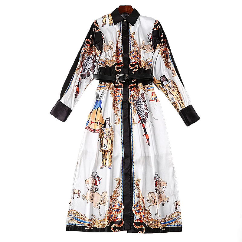 

XF New 2018 Spring High-Quality Fashion Designer Ladies Lapel Garden Court Print Belt Casual Fashion Party Retro Printed Dress