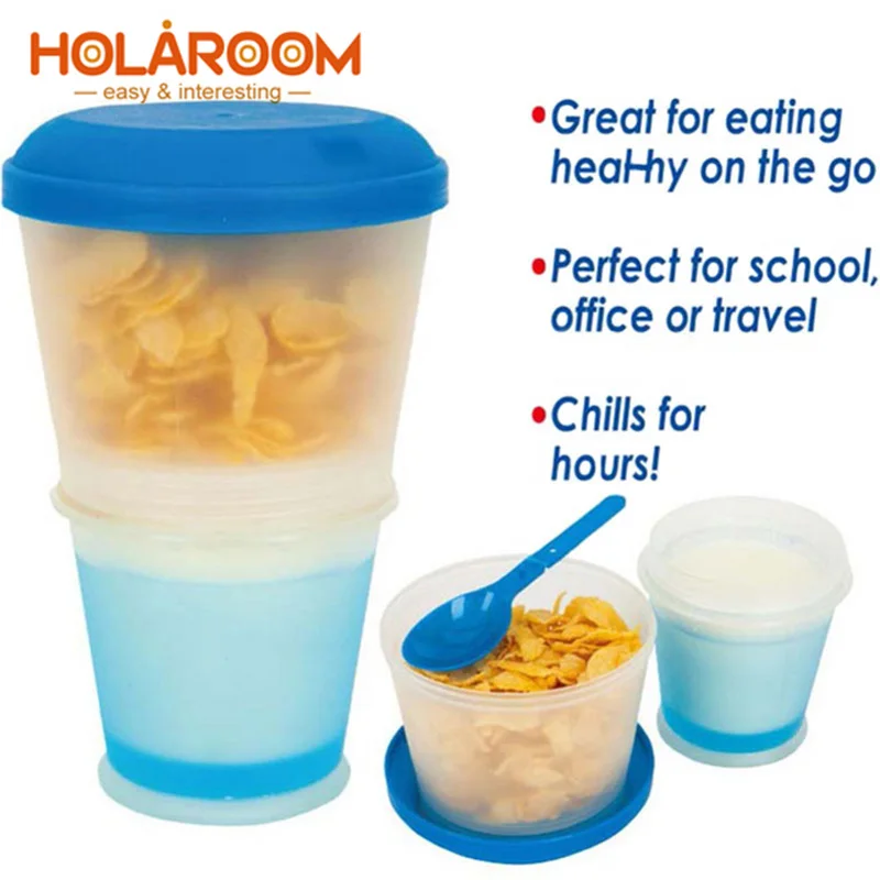 

Holaroom Creative Breakfast Cup Oatmeal Cup PP Material Snack Cup With Lid Foldable Spoon Food Container Keep Milk Cold