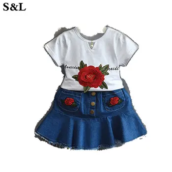 

Summer embroidered flowers white t denim skirt set two-piec