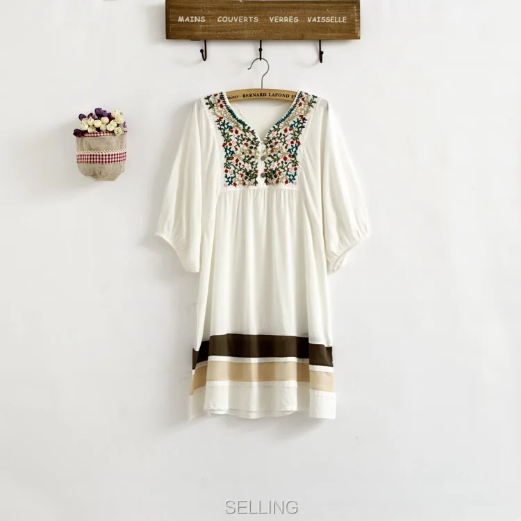 Винтаж 70s деревенском стиле вышитые Мексиканская Платье в богемном стиле с длинным Vestidos Женская хлопковая блуза 11 видов цветов L размера плюс футболки; - Цвет: Белый