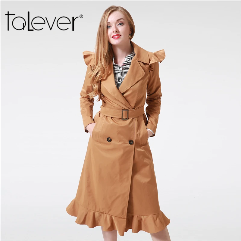 Talever Ruffle Trench Coat Women Outerwear Coats Autumn Sash Pocket