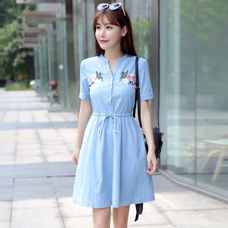 

Short sleeve embroidery denim light blue dress,short dress