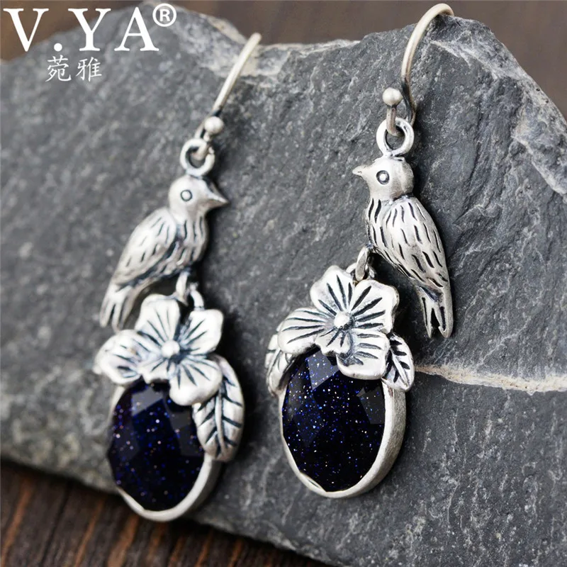 

V.YA Luxury Blue Stone 925 Sterling Silver Earrings Women Jewelry Cute Magpie Bird Drop Earrings Fashion Gifts