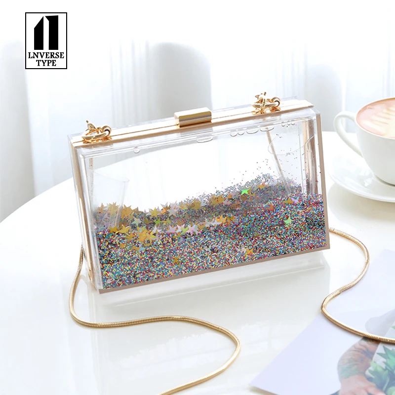 

Transparent Acrylic Rectangular Girl Clutch Sequins Quicksand Shoulder Bag Elegant Chain Women's Clutch For Wedding/Dating/Party