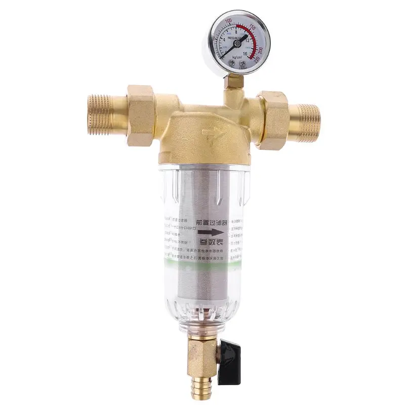 Water Pre Filter System 3/4" 1" Brass Mesh Pre-filter Purifier+ Pressure Gauge+ Reducer Adapter