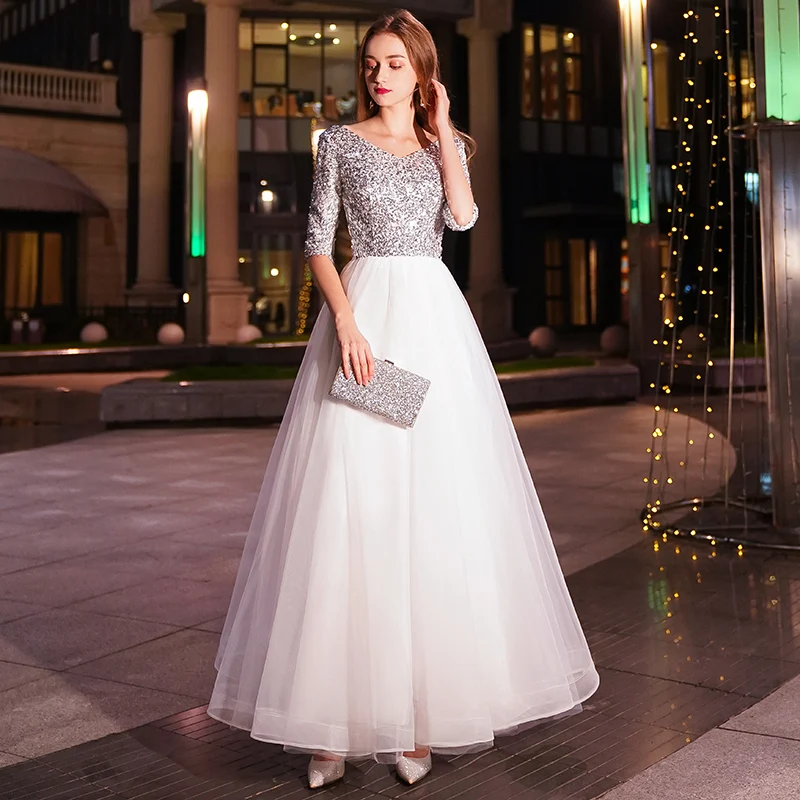Weiyin белое ТРАПЕЦИЕВИДНОЕ длинное вечернее платье с v-образным вырезом, половинные рукава, длина до пола, с блестками, вечернее платье, вечернее платье, платье для выпускного вечера