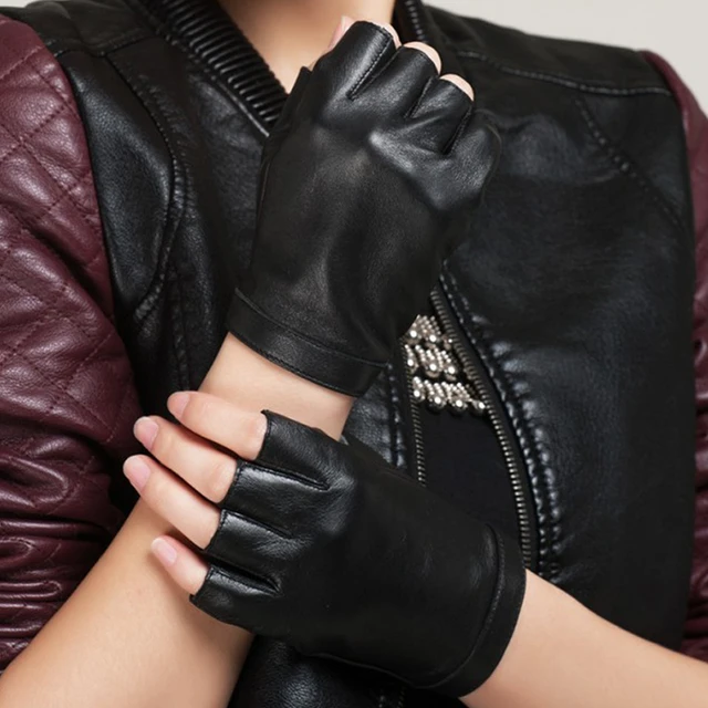 Black Lambskin & Metallic Gold Embossed Fingerless Gloves