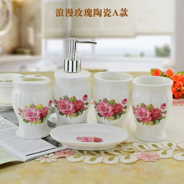 Rose Flower Bathroom Products 5pcs Resin Accessories Set Rose Flower Bathroom Products 5pcs Resin Accessories Set Soap Dispenser Toothbrush Holder Tumbler