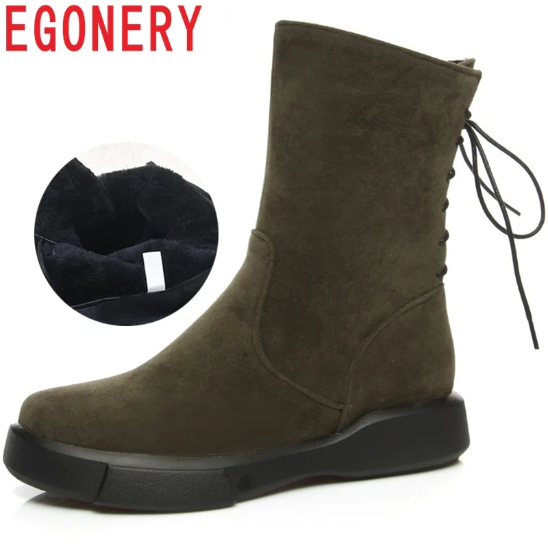 

EGONERY women shoes snow boots 2018 round toe low heel winter shoes back cross tied warm inside winter woman mid calf boots