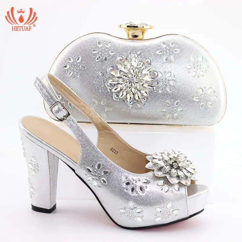

African Silver Design Woman Shoes And Bag Set Summer Style Fashion High Heels 11 CM Shoe And Bag For Party Wedding Italian Shoes
