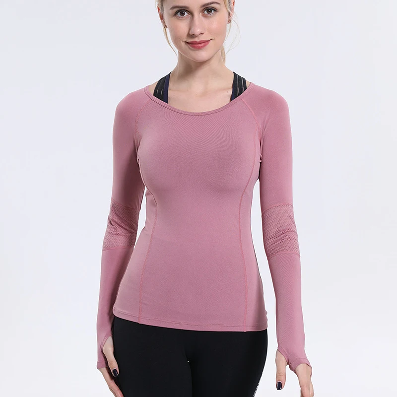 Женские открытые дышащие спортивные топы для фитнеса, женская спортивная одежда, длинный рукав, для йоги, спортивные топы для спортзала, женская спортивная рубашка - Цвет: pink
