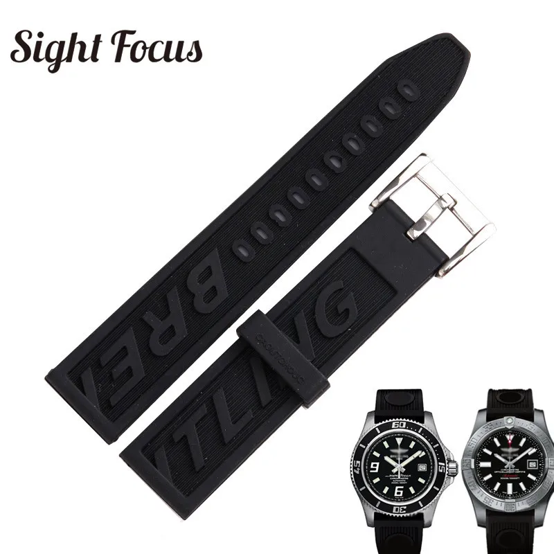 

22mm(Buckle20mm) Black Silicone Rubber Watch Strap for Breitling Watch Band Bracelet For Navitimer Avenger Male Watch Straps Pin