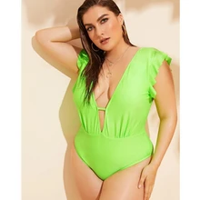 Купальник с рюшами, неоновый, плюс размер, Цельный купальник для женщин, глубокий купальник с высоким вырезом, монокини, сексуальный, v-образный вырез, купальный костюм, однотонный