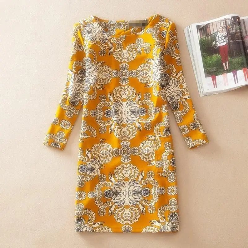 New Women's Summer & Autumn O-neck A-line skirt classic long-sleeved printed dress