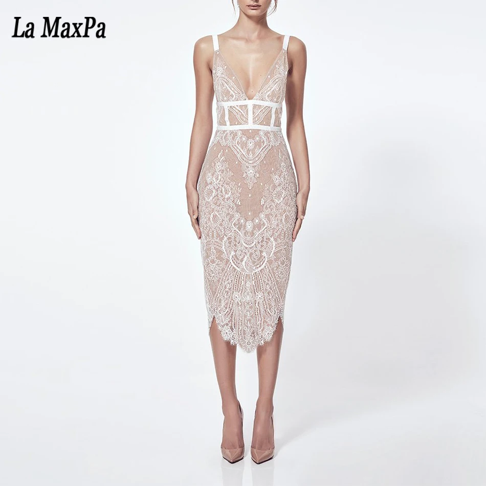 

2017 New summer women sleeveless bandage dress deep v neck sexy bodycon print lace evening party elegant apricot dresses vestido