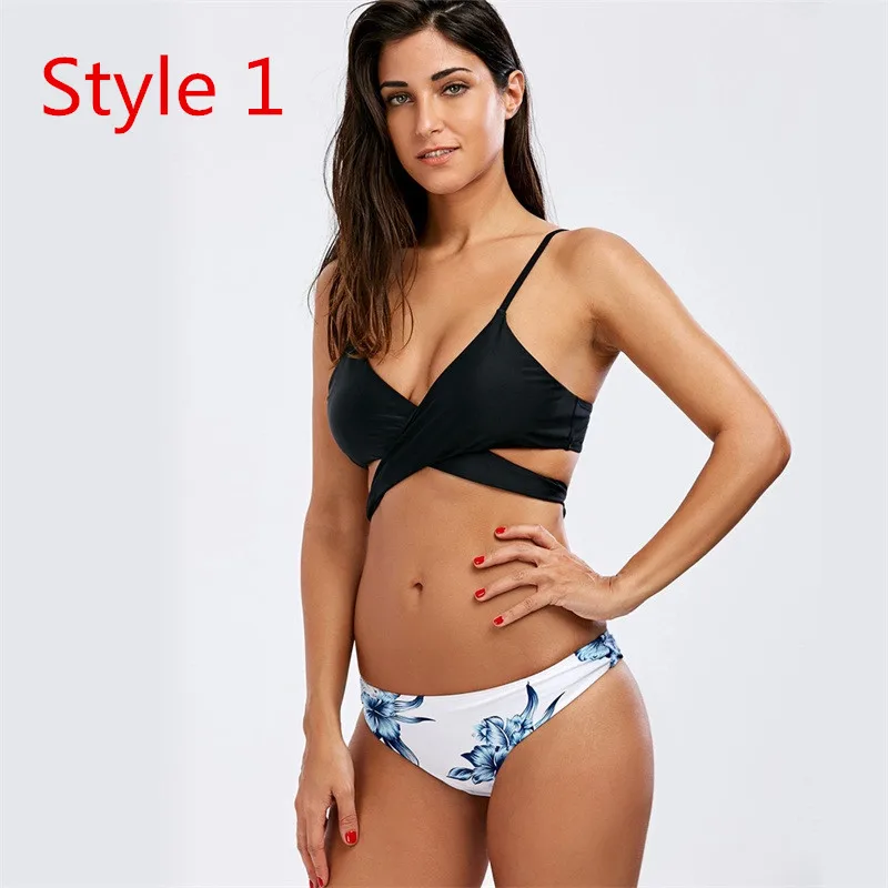 

Printed Bikini Set Women Swimwear Black Low Waist Bandage Swimsuit Push Up Bathing Suit Halter Brazilian Biquni RL15-0019
