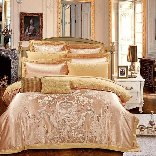 Серебристо-золотой роскошный сатиновый жаккардовый Комплект постельного белья с вышивкой, Комплект постельного белья, пододеяльник, простыня, наволочка 28 - Цвет: Color 4