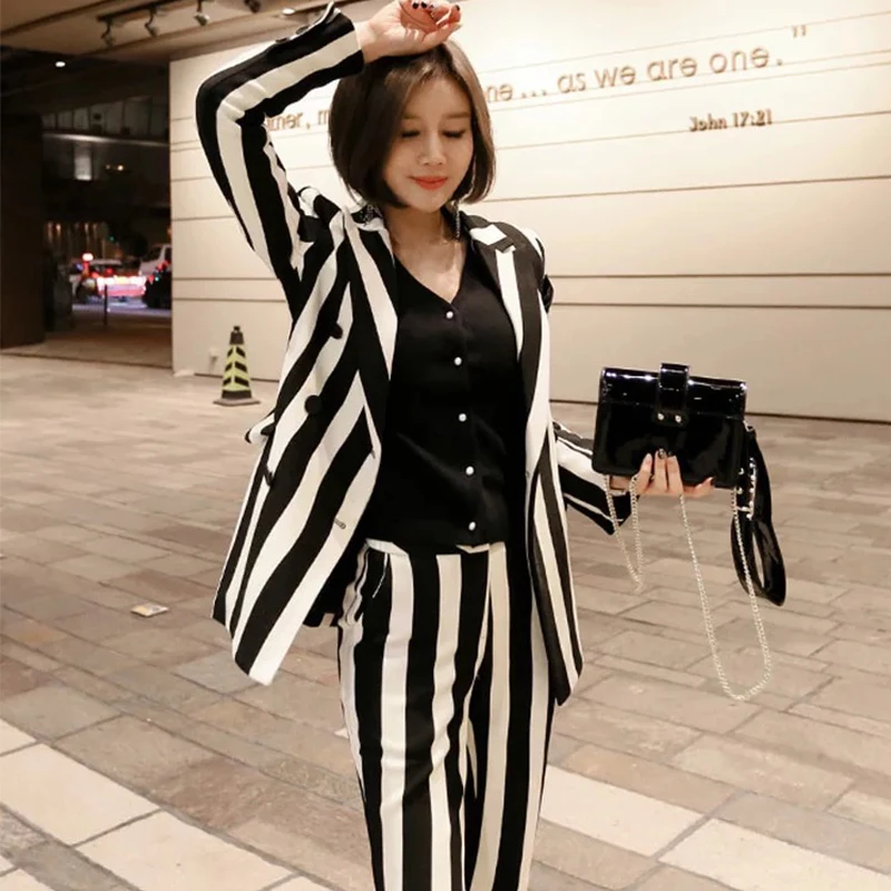 New fashion autumn women's OL professional temperament double-breasted fashion warm striped blazer slim pants two-piece set