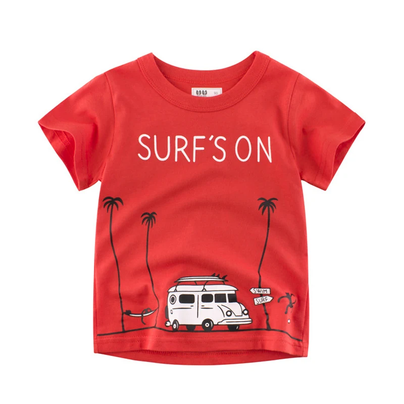 New Summer Baby Boy Girl T-Shirt Cartoon Car Tops Truck Embroidery Red Short Sleeve Boys T Shirts Cotton Kids Clothes 2-8 Y - Цвет: red