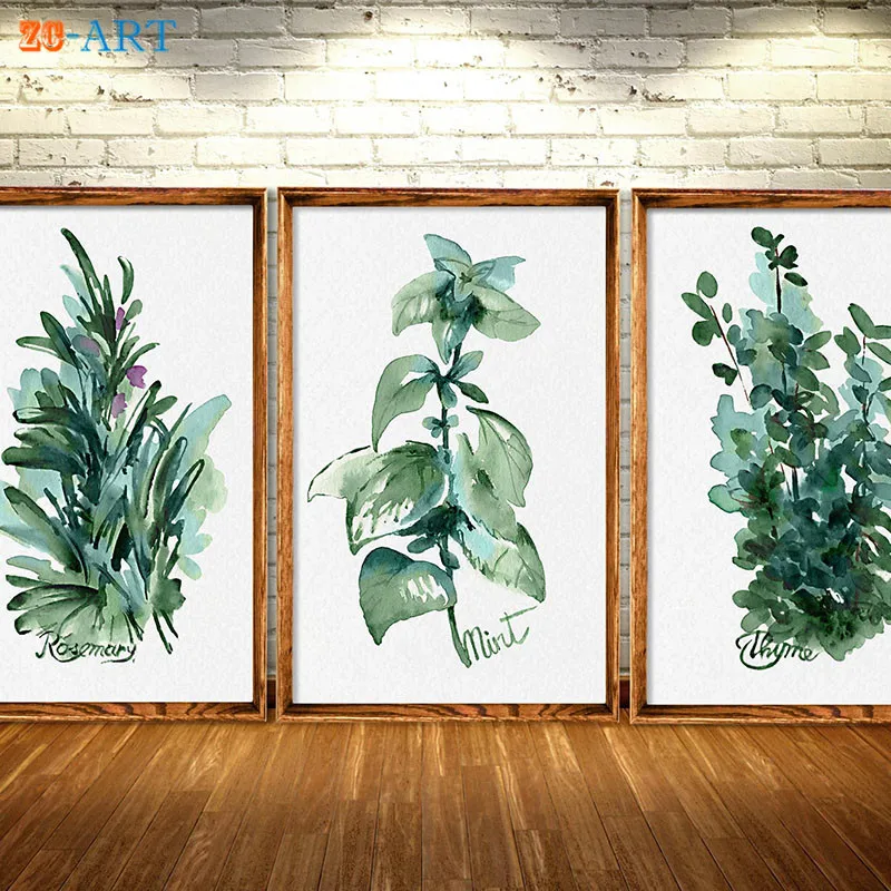 

Framed Canvas Art Herbs Kitchen Art Prints Green Leaves Mint Rosemary Thyme Watercolor Kitchen Herbs Herbs Print Poster Art