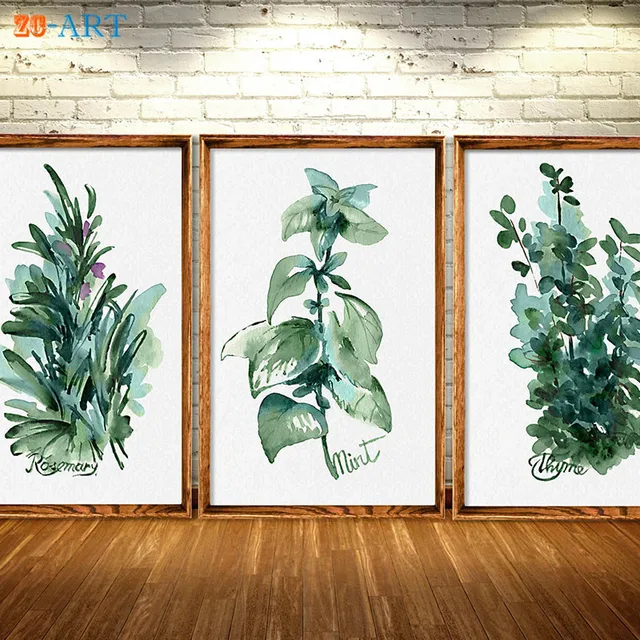 Framed Canvas Art Herbs Kitchen Art Prints Green Leaves Mint Rosemary