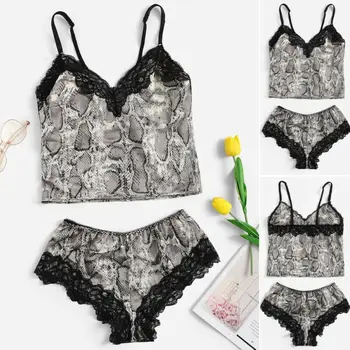 

Sexy Women Lace Snakeskin With Panty Lace Shorts Sleepwear Nightdress Pajamas Female Bikini Cover Up Ladies Beachwear 2019