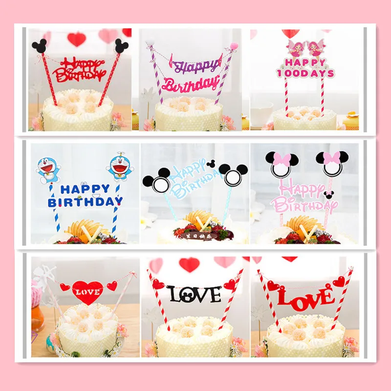 

1PC Multi-shape Cake Topper Cartoon Flags With Paper Straw For Wedding Birthday Party Baking Cakes Decoration Accessories