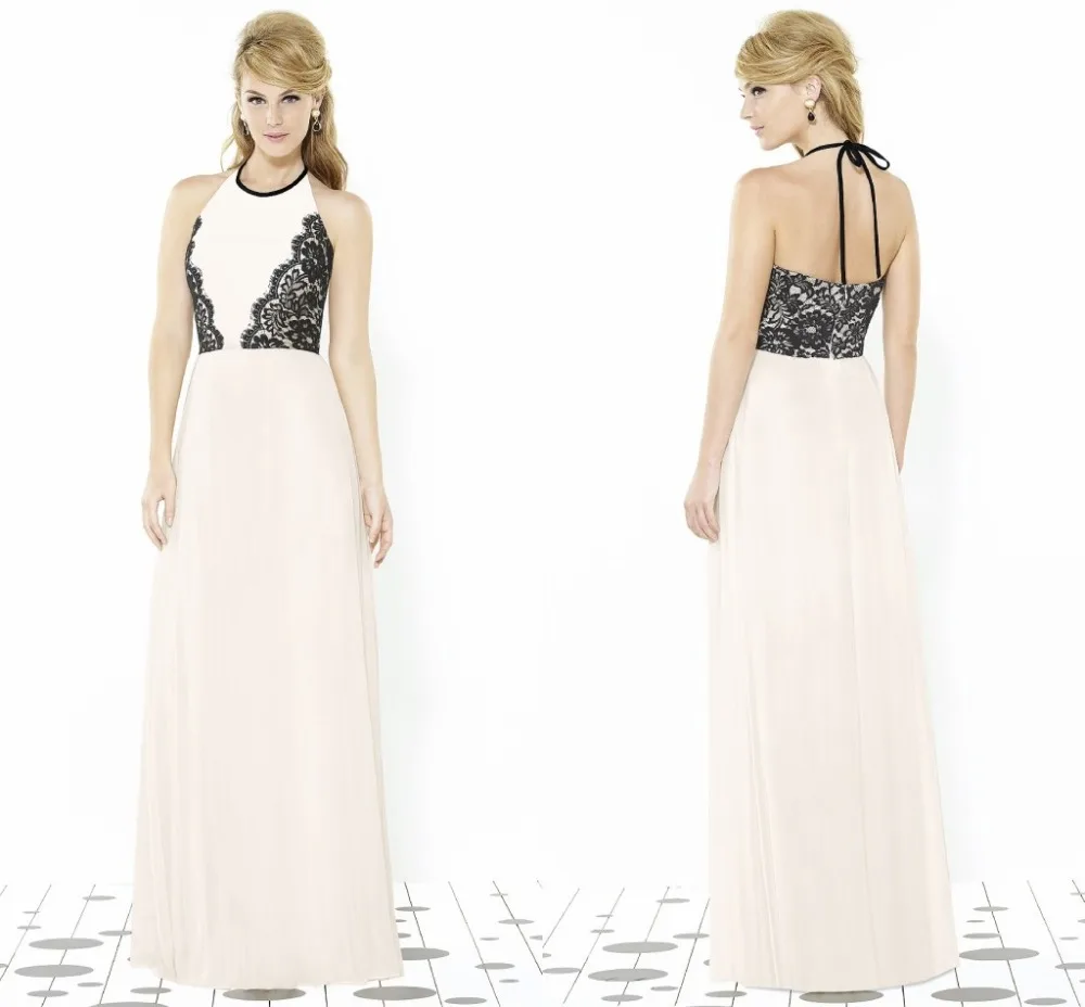 Classic Black and White Bridesmaid Dresses for Weddings Lace Applique Halter A line Long Wedding