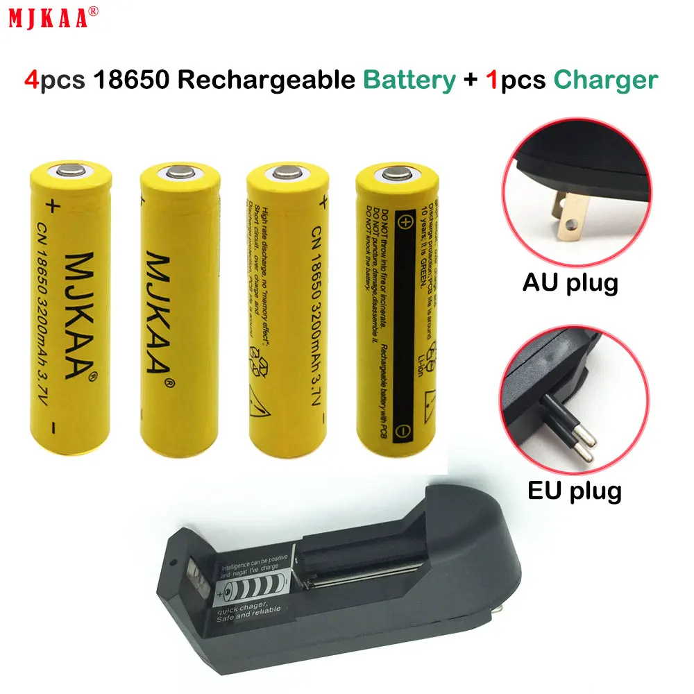 

4 pcs 18650 Battery 3.7V 3200mAh Rechargeable li-ion battery + one charger for Led flashlight battery 18650