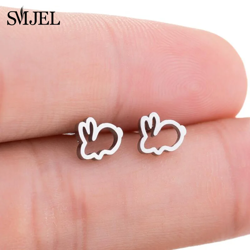 

SMJEL New Stainless Steel Black Earrings Rabbit Children Kids Ear Jewelry Cute Animal Bunny Piercing Earring Post Gifts