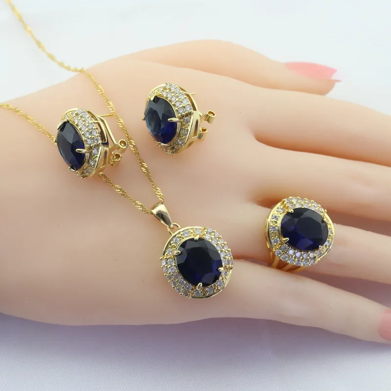 Темно-синие камни золотого цвета Свадебные Ювелирные наборы для женщин Висячие серьги ожерелье кулон браслет кольца подарочная коробка WPAITKYS