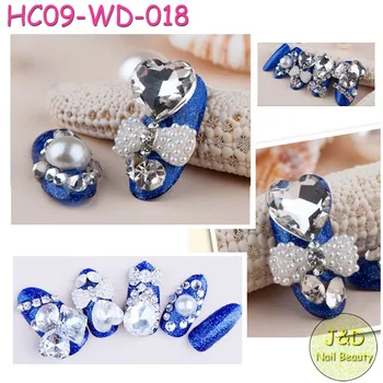 

24pcs 3D Full Cover Blue Glitter Nail Art Tips Heart Stone False Tips Pearls Nail Tips Bowknot Acrylic Stone Chain Charm #18
