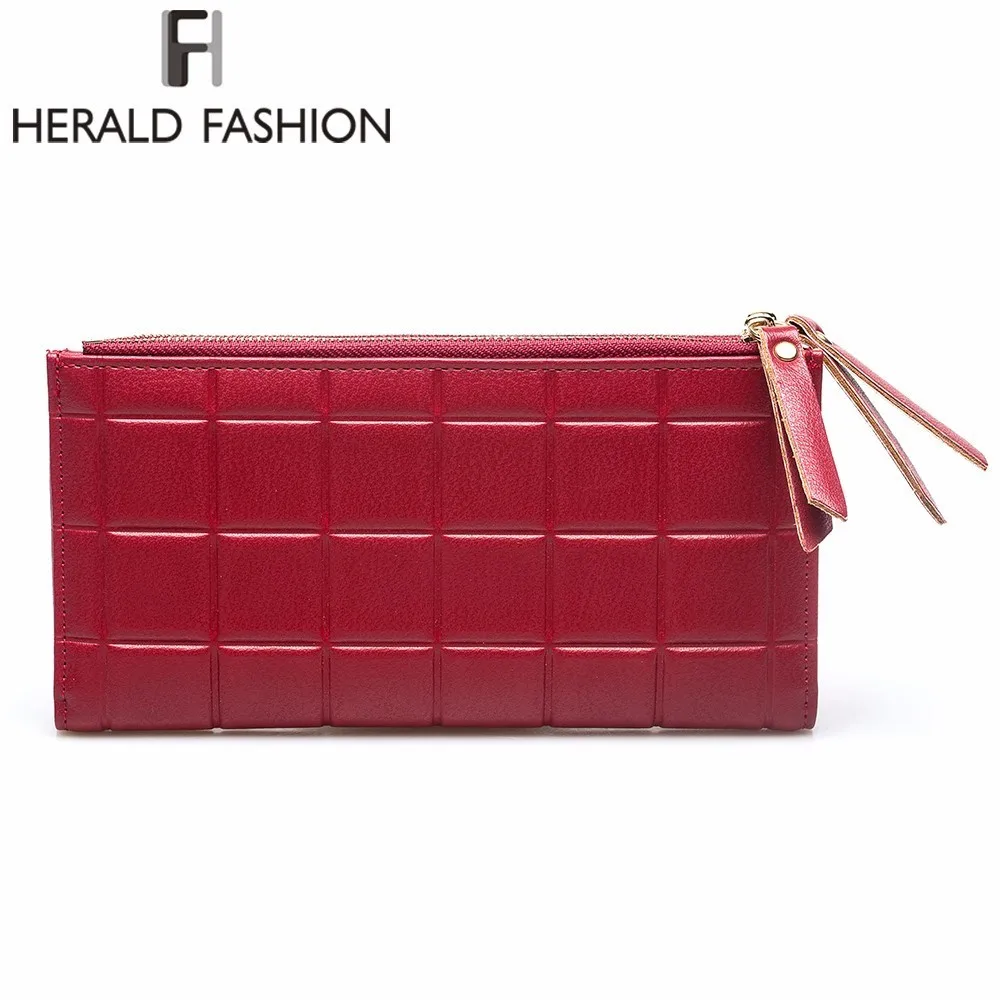 

Herald Fashion Quality Women Leather Wallet Plaid Long Design Ladies Purses Embossed Wallet Female Clutch Double Zipper Purses
